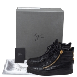 Pre Owned Giuseppe Zanotti Black Croc Embossed Leather Double Zip High Top Sneakers Size 41