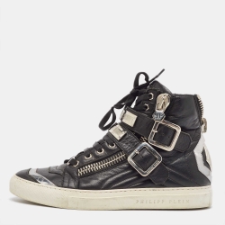 Pre Owned Giuseppe Zanotti Black/Silver Leather Kriss High Top Sneakers Size 40