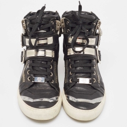 Pre Owned Giuseppe Zanotti Black/Silver Leather Kriss High Top Sneakers Size 40