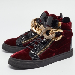 Giuseppe Zanotti Burgundy/Black Patent and  Velvet Coby High Top Sneakers Size 42.5