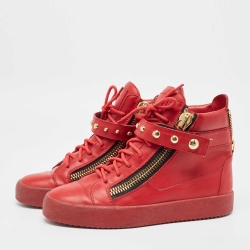 Giuseppe Zanotti Red Leather Studded Double Zip High Top Sneakers Size 42