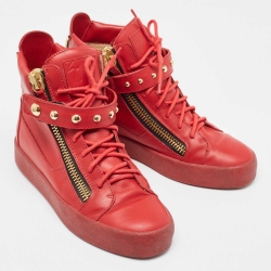 Giuseppe Zanotti Red Leather Studded Double Zip High Top Sneakers Size 42