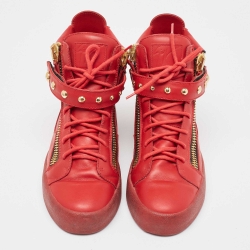 Giuseppe Zanotti Red Leather Studded Double Zip High Top Sneakers Size 42