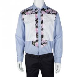 Pre Owned قميص جيفنشي أكمام طويلة تفاصيل قصات طباعة زهور مغايرة قطن أزرق XL