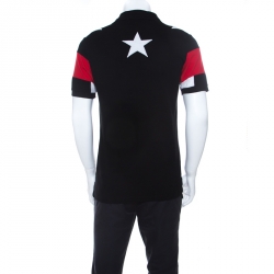 مملوكة مسبقًا Givenchy Black Pique Knit Star Appliqué Detail Contrast Short Sleeve Polo T Shirt M
