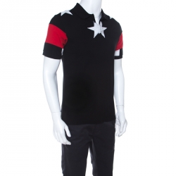 مملوكة مسبقًا Givenchy Black Pique Knit Star Appliqué Detail Contrast Short Sleeve Polo T Shirt M