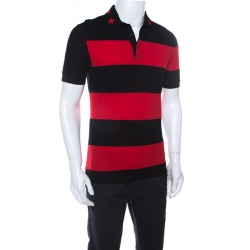 Pre Owned Givenchy Black and Red Striped Cotton Pique Star Appliqué Detail Polo T Shirt S