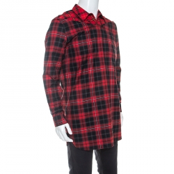 Givenchy Red Contrast Plaid Cotton Cross-Shoulder Buttoned Long Shirt M