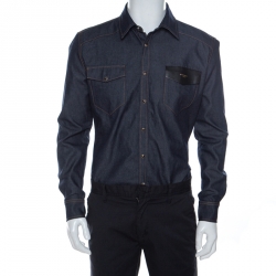Pre Owned Givenchy Dark Blue Denim Leather Trim Button Front Shirt M