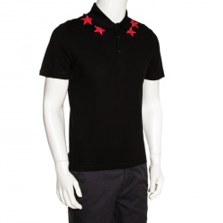 Givenchy Black Cotton Star Appliqued Polo T-Shirt M