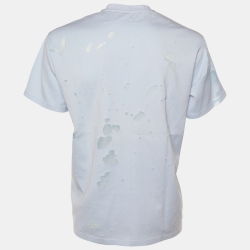 مملوكة مسبقًا Givenchy Light Blue Logo Printed Cotton Distressed Crewneck T-Shirt L