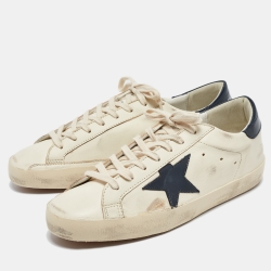 Pre Owned Golden Goose Cream/Navy Blue Leather Superstar Sneakers Size 42