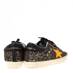 Golden Goose Black/Neon Orange Glitter and Suede Superstar Lace Up Sneakers Size 36