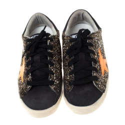 Golden Goose Black/Neon Orange Glitter and Suede Superstar Lace Up Sneakers Size 36