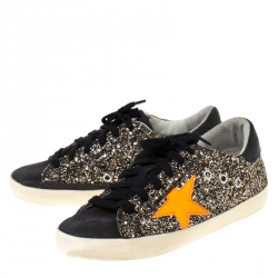 Golden Goose Black/Neon Orange Glitter and Suede Superstar Lace Up Sneakers Size 36