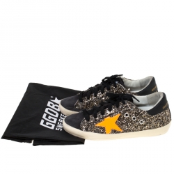 Golden Goose Black/Neon Orange Glitter and Suede Superstar Lace Up Sneakers Size 36