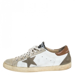 Pre Owned Golden Goose Grey/White Suede And Leather Superstar Lace Up Sneakers Size 46