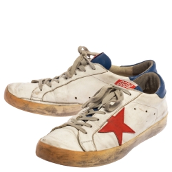 Pre Owned Golden Goose White/Blue Leather Superstar Lace Up Sneakers Size 43