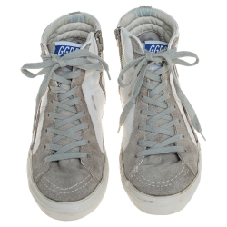 Pre Owned Golden Goose White/Grey Leather And Suede High Top Sneakers Size 40