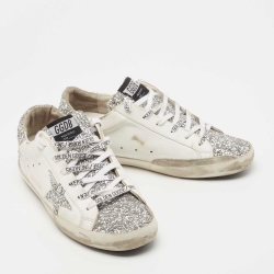 Golden Goose White/Silver Leather and Coarse Glitter Superstar Sneakers Size 41