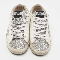 Golden Goose White/Silver Leather and Coarse Glitter Superstar Sneakers Size 41