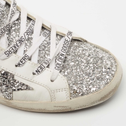 Golden Goose White/Silver Leather and Coarse Glitter Superstar Sneakers Size 41