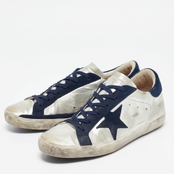 Pre Owned Golden Goose Silver/Navy Blue Leather and Suede Superstar Sneakers Size 40