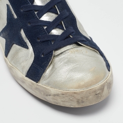 Pre Owned Golden Goose Silver/Navy Blue Leather and Suede Superstar Sneakers Size 40