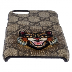 Pre Owned Gucci Beige Supreme Canvas Embroidered Angry Cat Iphone 7 Case