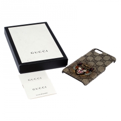 Pre Owned Gucci Beige Supreme Canvas Embroidered Angry Cat Iphone 7 Case
