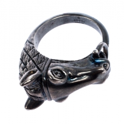 Gucci Detailed Horsehead Motif Silver Ring Size 66