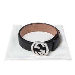 Pre Owned Gucci Black Guccissima Leather Interlocking G Buckle Belt 90CM