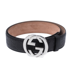 Pre Owned Gucci Black Guccissima Leather Interlocking G Buckle Belt 90CM