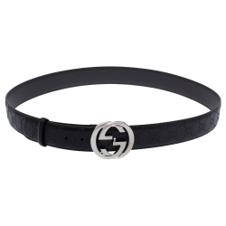 Pre Owned Gucci Black Guccissima Leather Interlocking G Belt 115CM