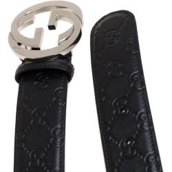 مملوكة مسبقًا Gucci Black Guccissima Leather Interlocking G Belt 85CM