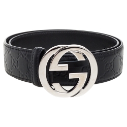 مملوكة مسبقًا Gucci Black Guccissima Leather Interlocking G Belt 85CM