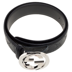 مملوكة مسبقًا Gucci Black Guccissima Leather Interlocking G Belt 85CM