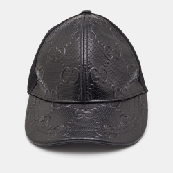 Pre Owned Gucci Black Logo Embossed Leather& Mesh Baseball Cap M