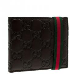 Gucci Dark Brown Guccissima Leather Web Detail Bi Fold Wallet