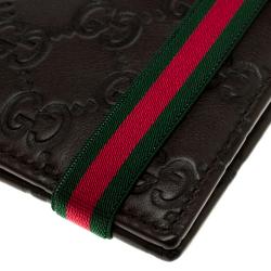 Gucci Dark Brown Guccissima Leather Web Detail Bi Fold Wallet