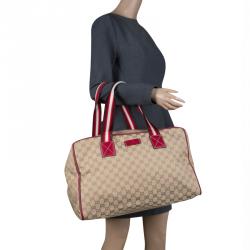 Gucci Beige/Burgundy GG Canvas Carryall Duffel Bag