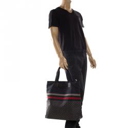 Pre Owned Gucci Dark Blue Web Diamante Nylon Tall Zip Tote 