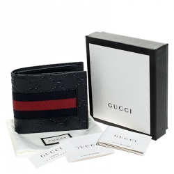 Gucci Navy Bllue Guccissima Leather Web Bifold Wallet