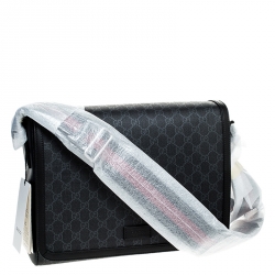 Gucci Black GG Supreme Canvas and Leather Web Messenger Bag