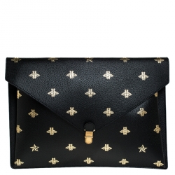 مملوكة مسبقًا Gucci Black Bee Star Leather Portfolio Clutch
