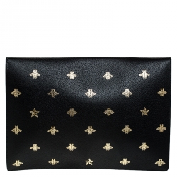 مملوكة مسبقًا Gucci Black Bee Star Leather Portfolio Clutch