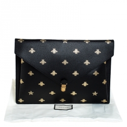 مملوكة مسبقًا Gucci Black Bee Star Leather Portfolio Clutch