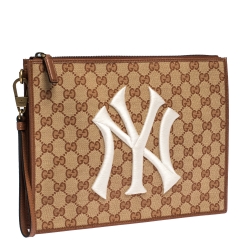 Gucci Beige GG Canvas and Leather NY Yankees™ Patch Wristlet Pouch