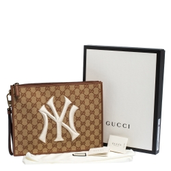 Gucci Beige GG Canvas and Leather NY Yankees™ Patch Wristlet Pouch