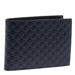 Pre Owned Gucci Navy Blue Leather Microguccissima Bifold Wallet